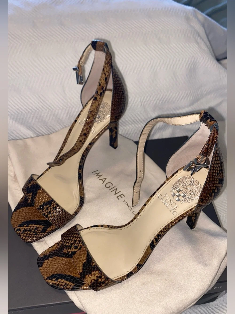 Vince Camuto Brown Snake-Print Ankle Strap Stiletto Sandals; 7.5M